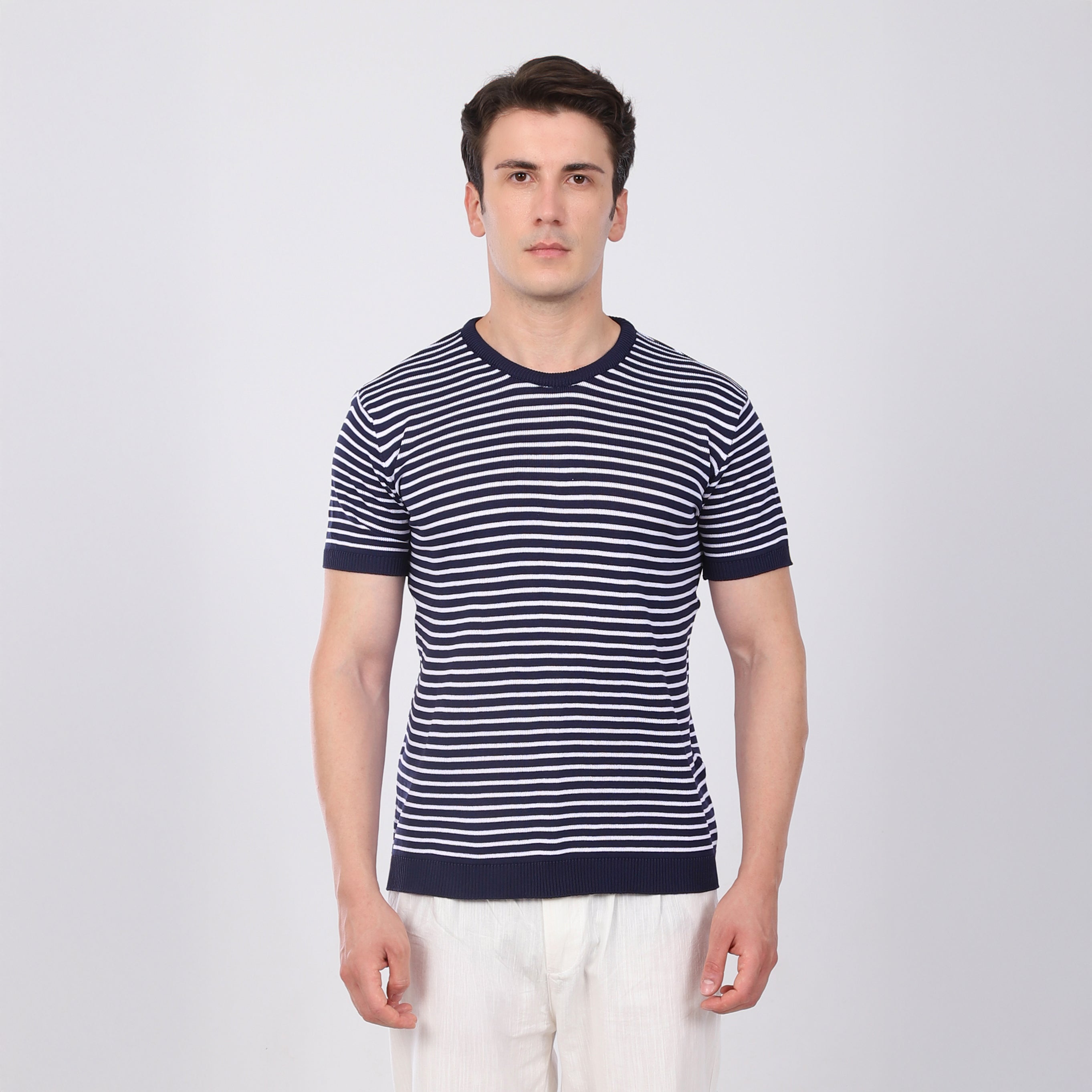 Çizgili Triko T-Shirt Lacivert