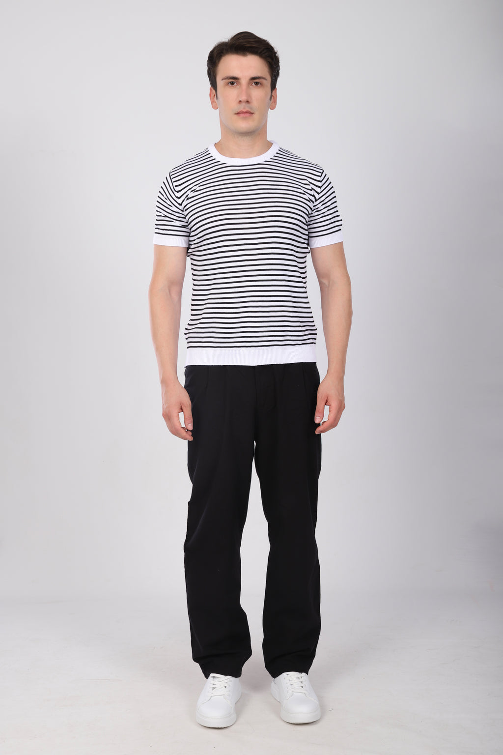 Çizgili Triko T-Shirt Siyah