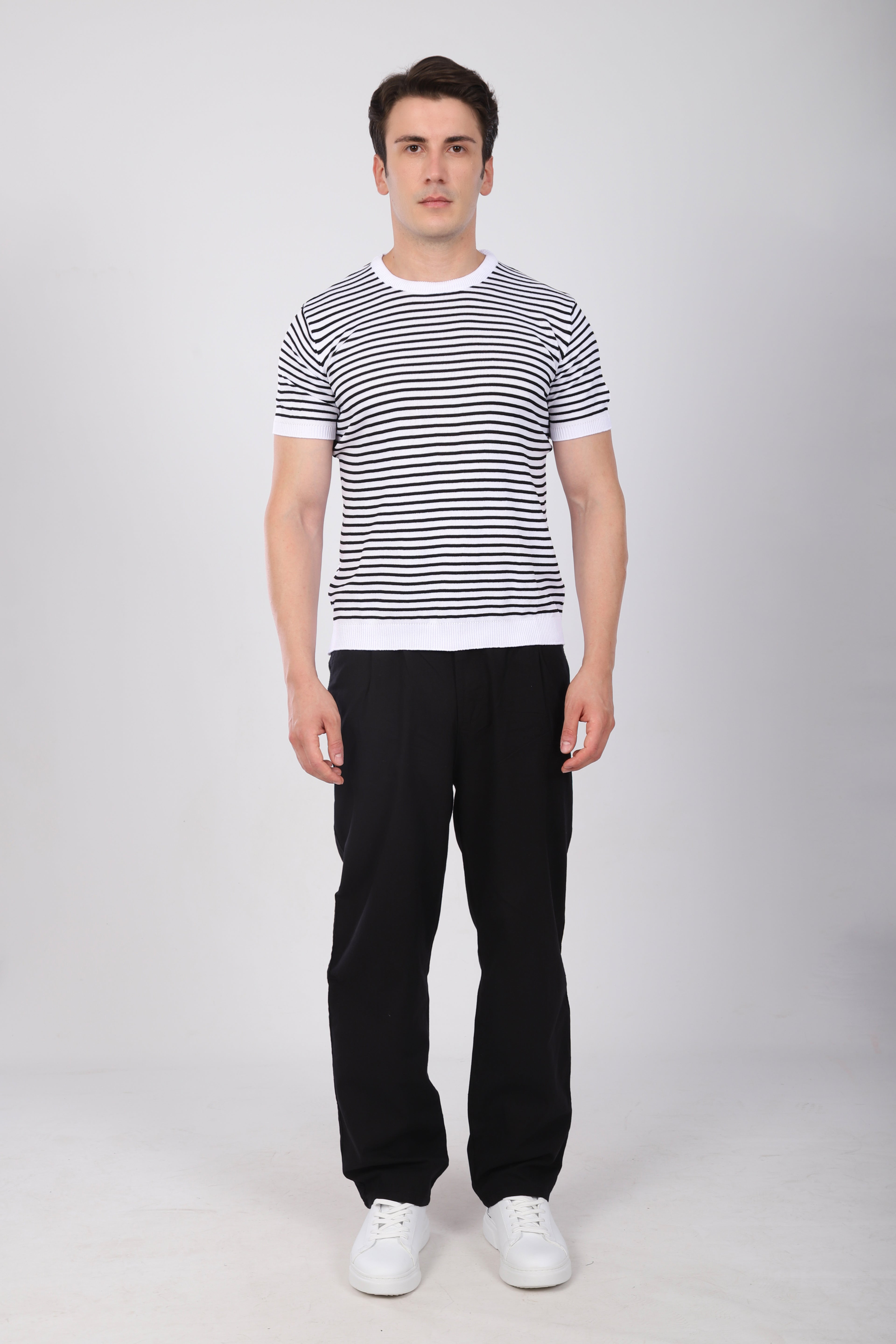 Çizgili Triko T-Shirt Siyah
