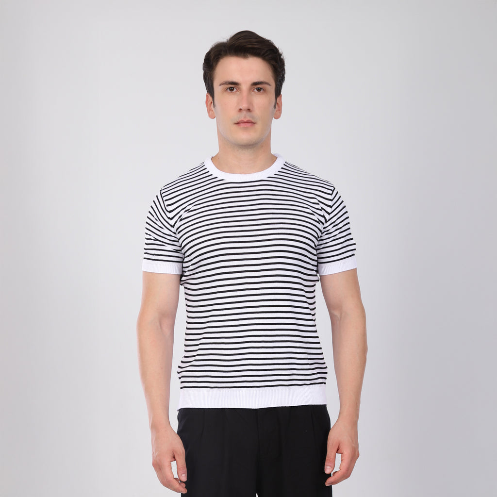 Çizgili Triko T-Shirt Siyah