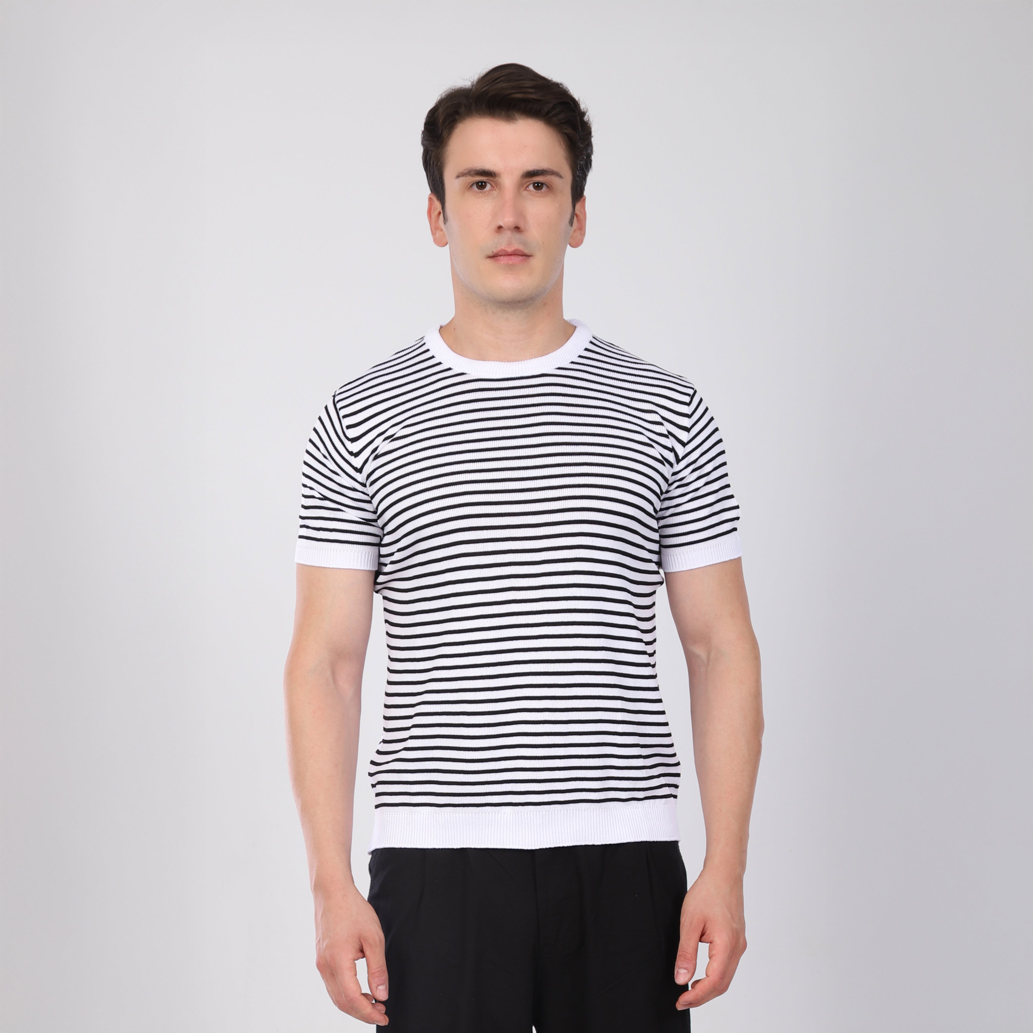 Çizgili Triko T-Shirt Siyah