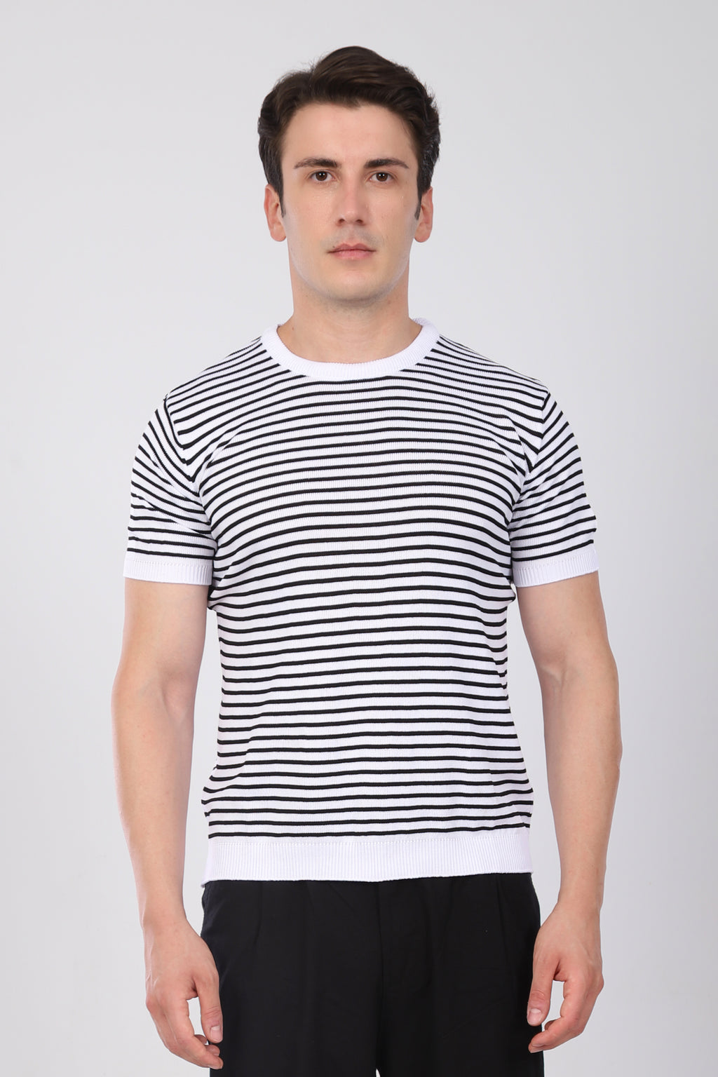 Çizgili Triko T-Shirt Siyah