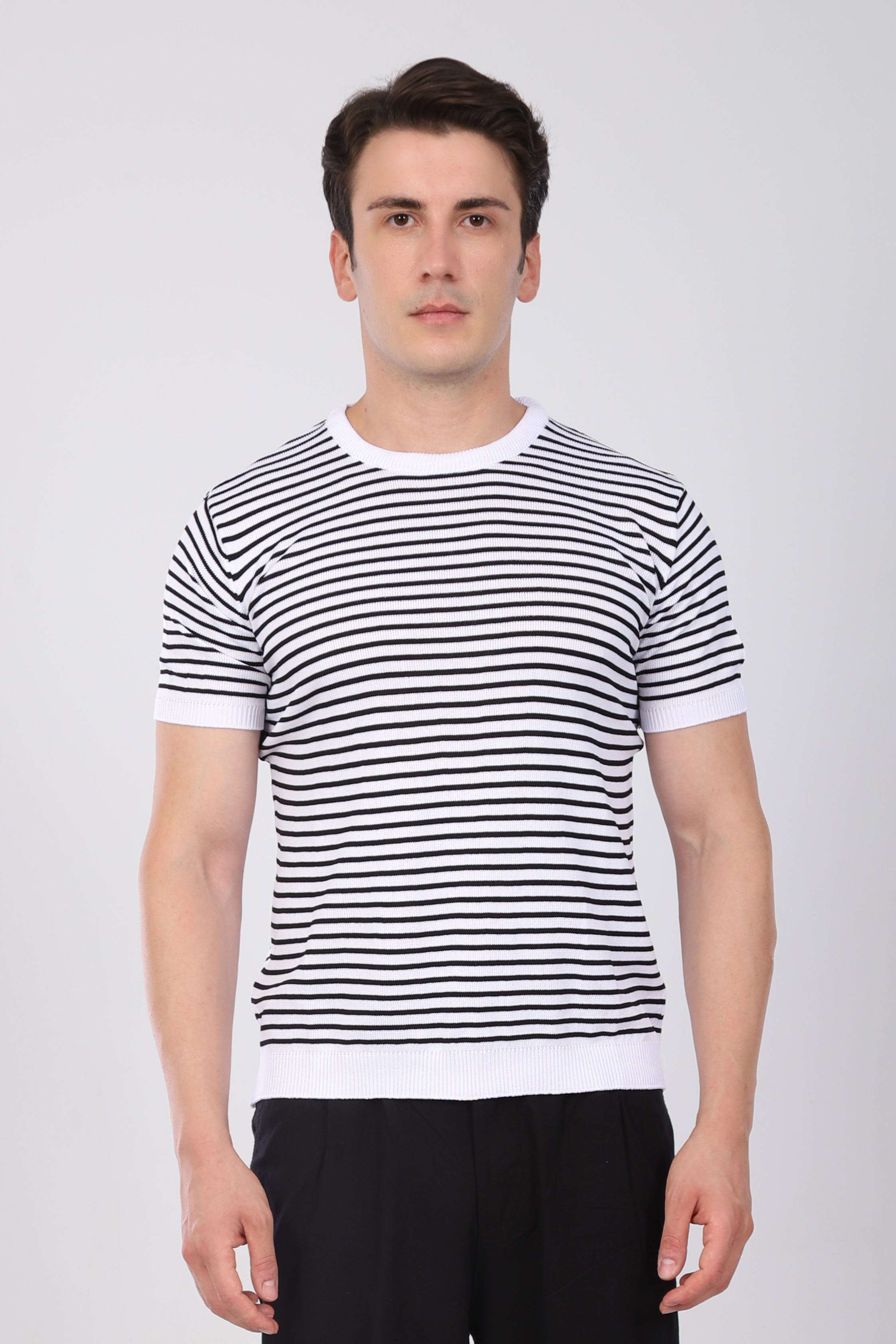 Çizgili Triko T-Shirt Siyah